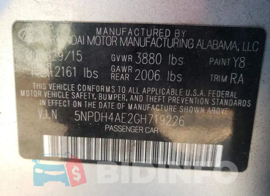 5NPDH4AE2GH719226 Photo# 10