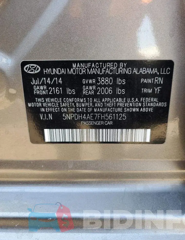 5NPDH4AE7FH561125 Photo# 12