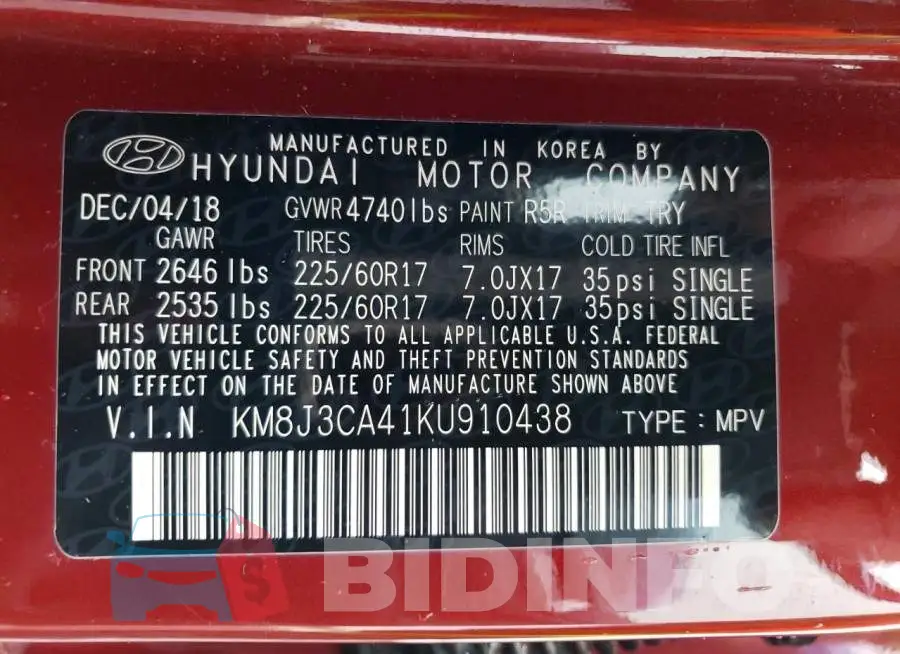 KM8J3CA41KU910438 Photo# 13