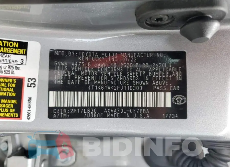 4T1K61AK2PU110303 Photo# 12