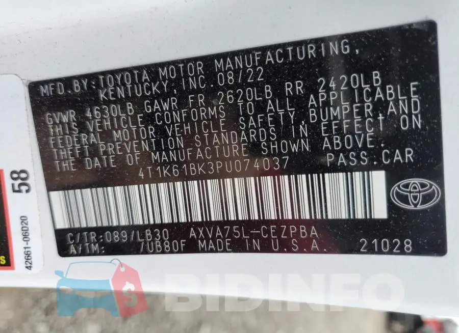 4T1K61BK3PU074037 Photo# 12