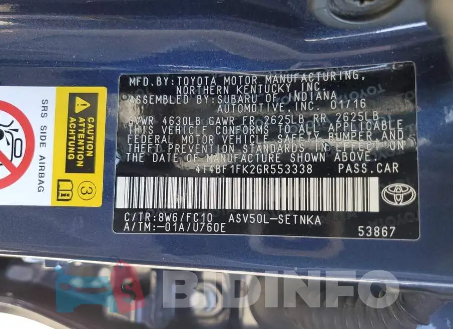 4T4BF1FK2GR553338 Photo# 12