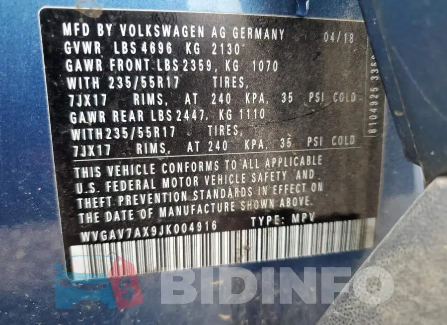WVGAV7AX9JK004916 Photo# 12