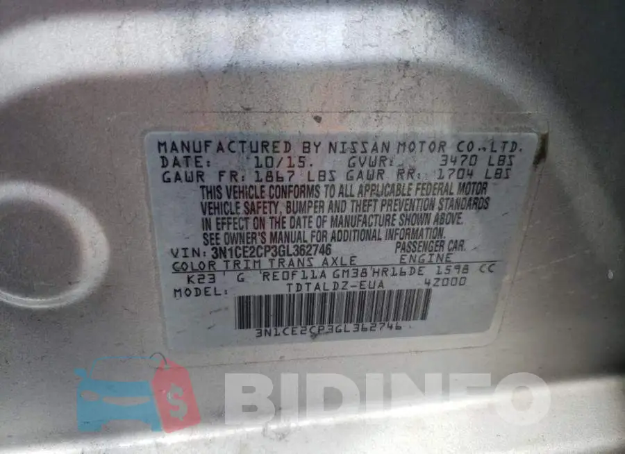 3N1CE2CP3GL362746 Photo# 12