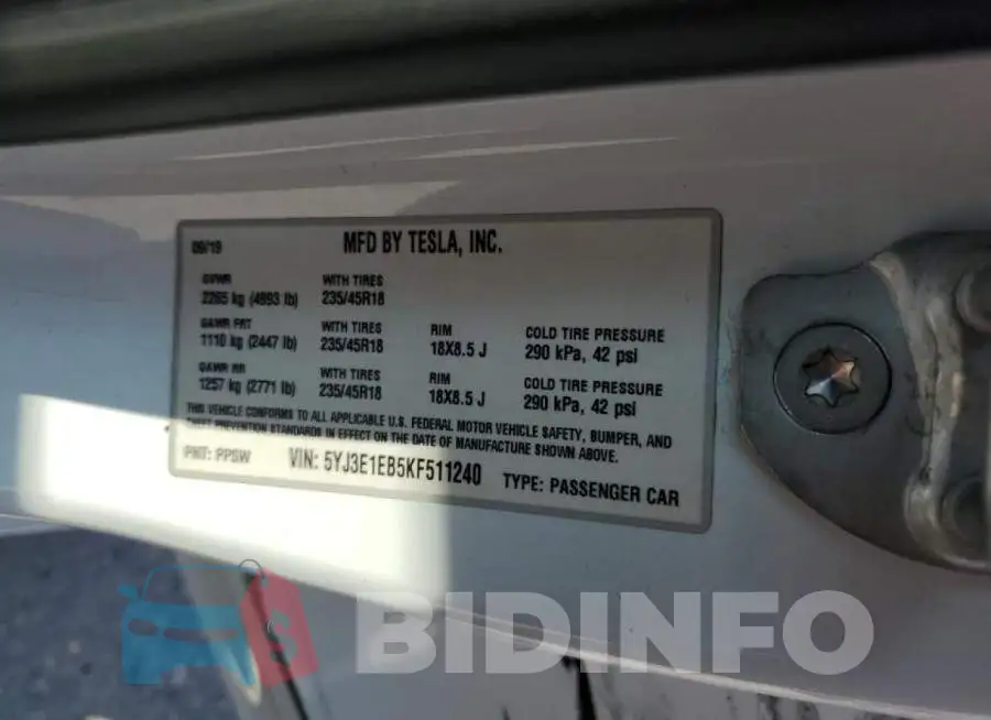 5YJ3E1EB5KF511240 Photo# 13