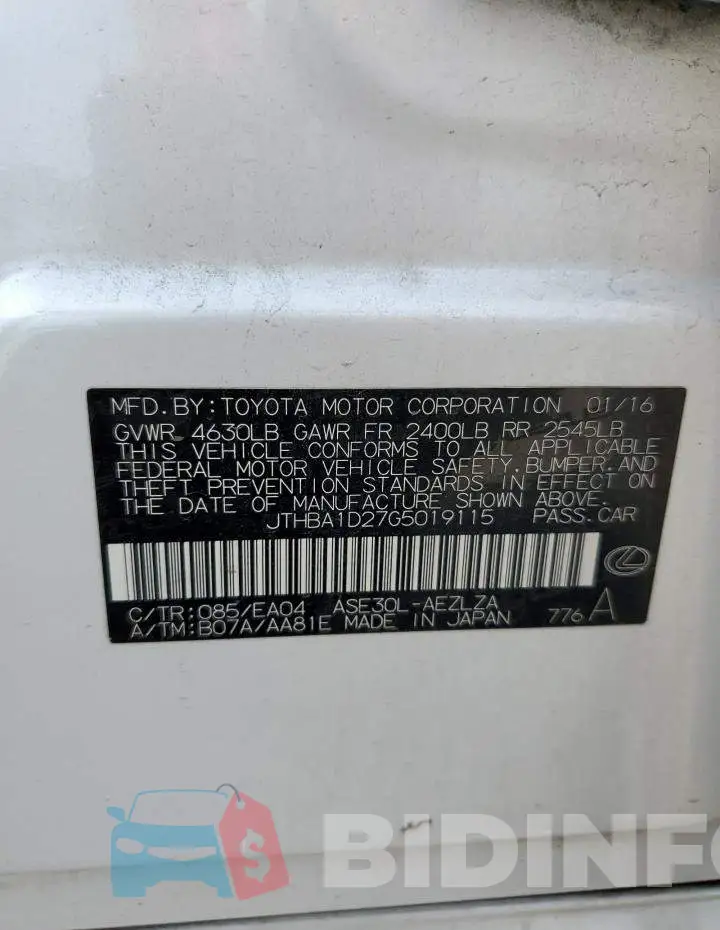 JTHBA1D27G5019115 Photo# 12