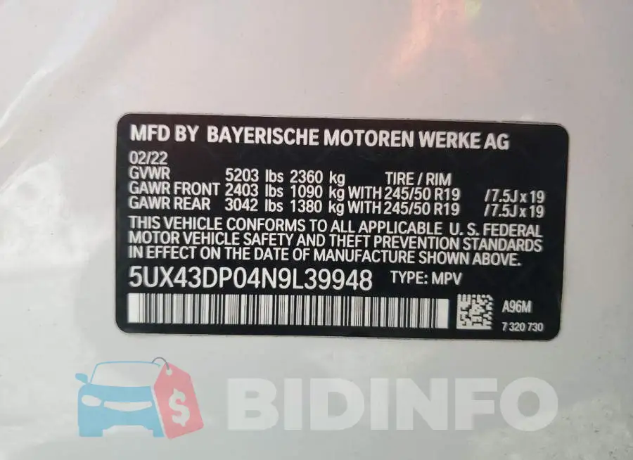 5UX43DP04N9L39948 Photo# 13