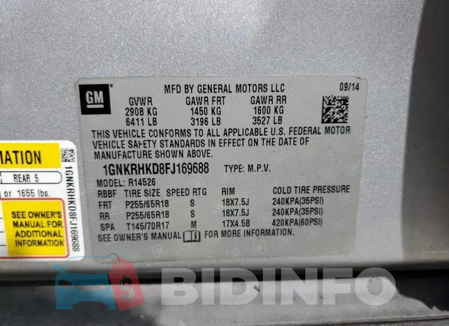 1GNKRHKD8FJ169688 Photo# 12