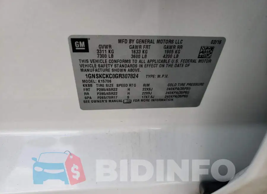 1GNSKCKC0GR307824 Photo# 13