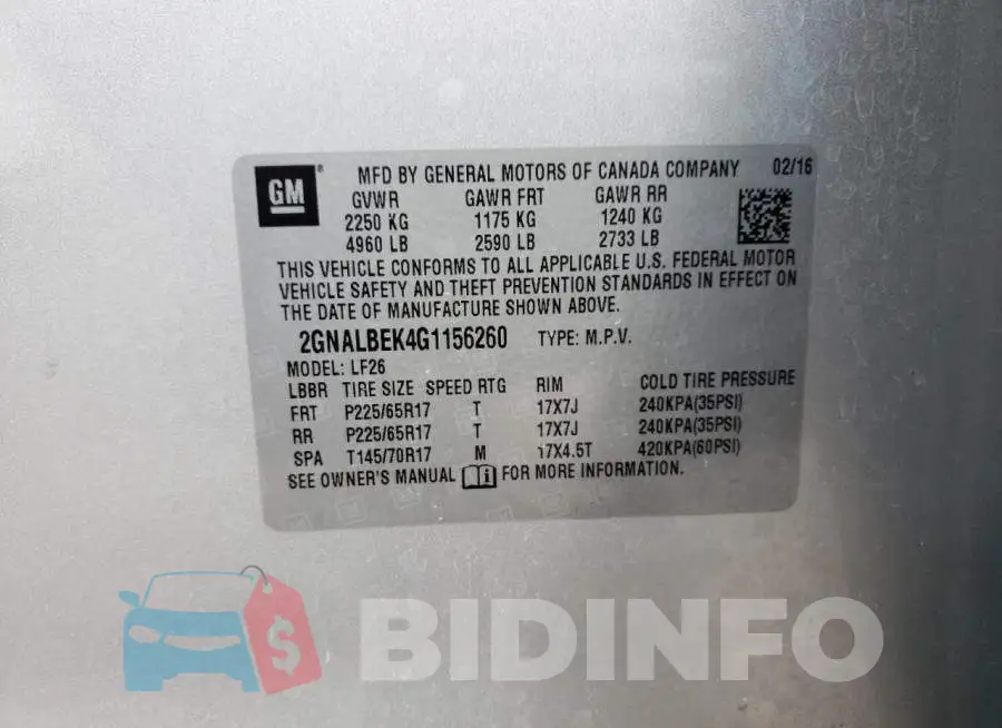 2GNALBEK4G1156260 Photo# 14