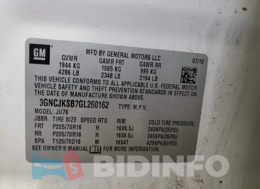 3GNCJKSB7GL260162 Photo# 12