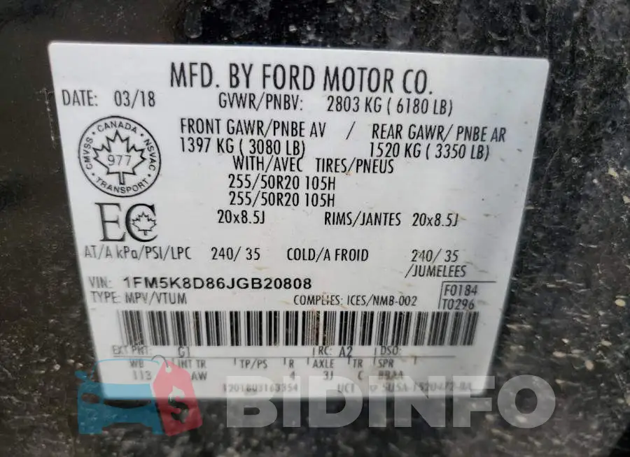 1FM5K8D86JGB20808 Photo# 13