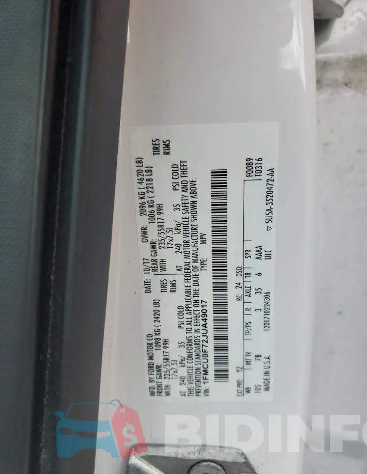 1FMCU0F72JUA49017 Photo# 14