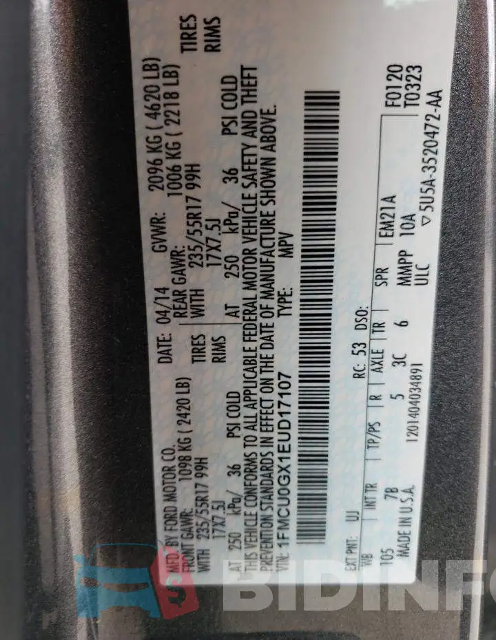 1FMCU0GX1EUD17107 Photo# 13