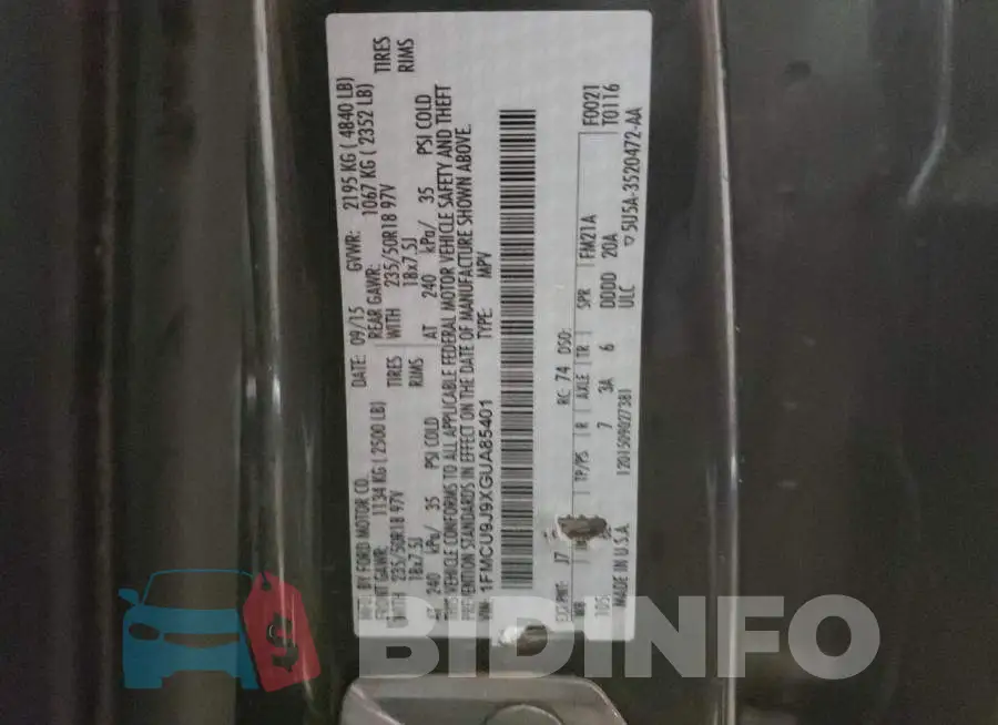 1FMCU9J9XGUA85401 Photo# 13