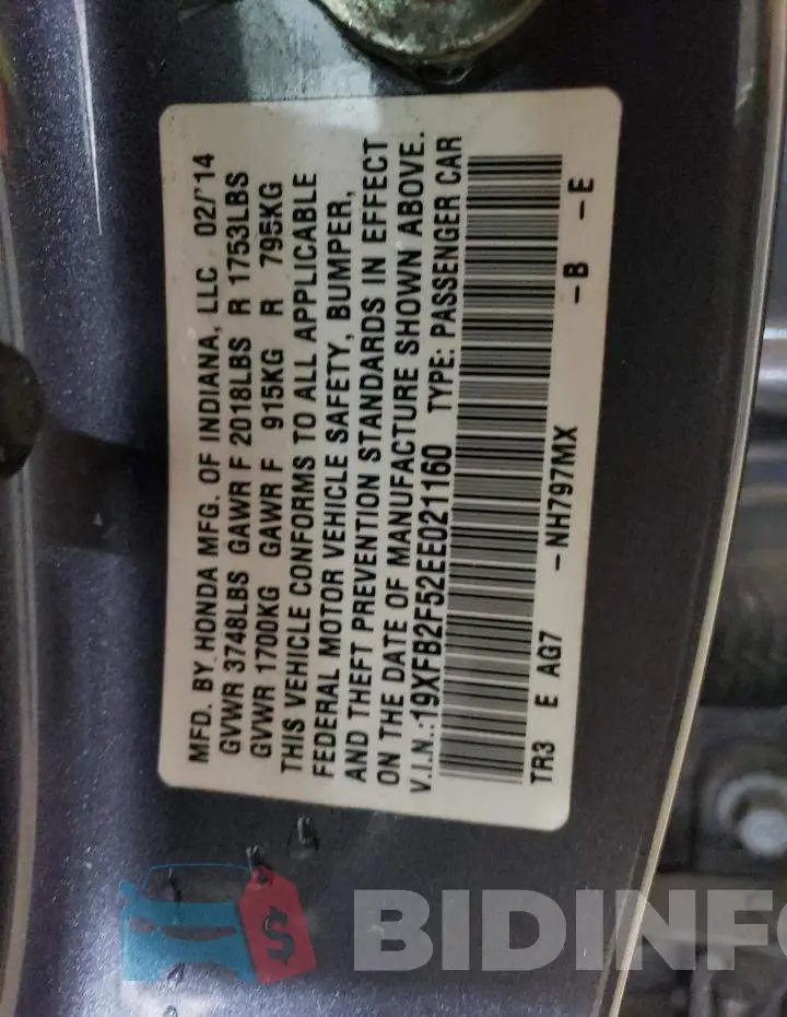 19XFB2F52EE021160 Photo# 12
