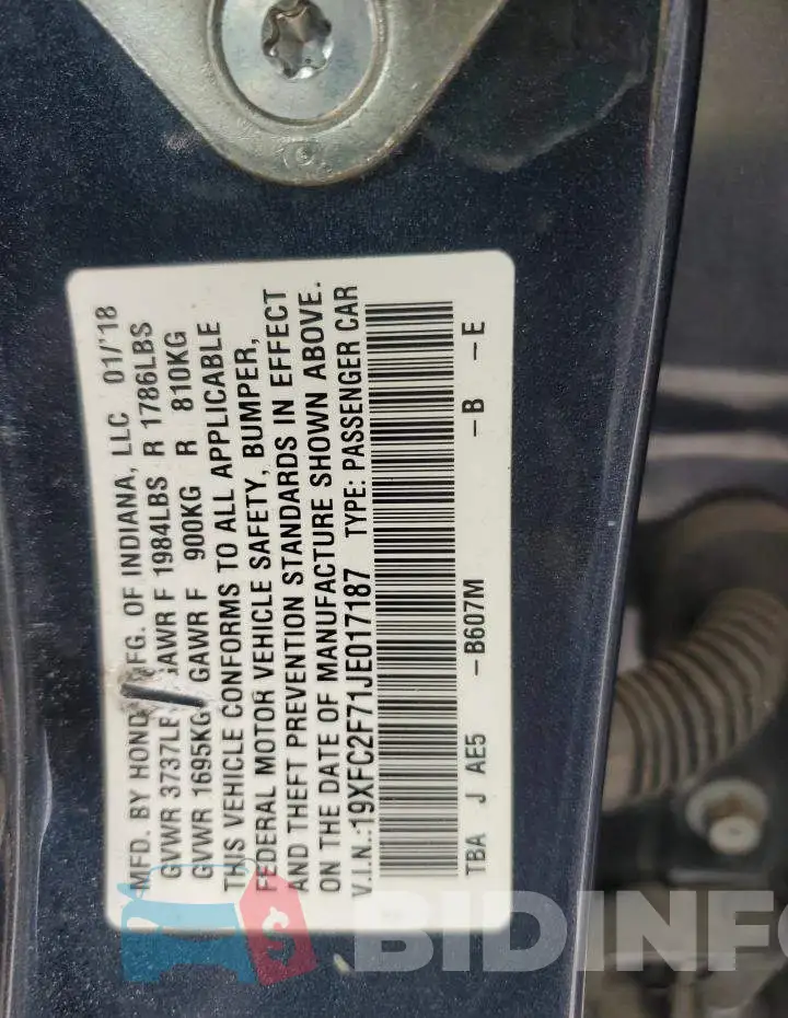 19XFC2F71JE017187 Photo# 12