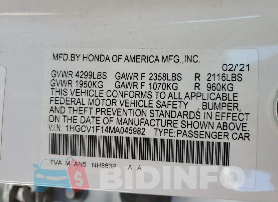 1HGCV1F14MA045982 Photo# 12