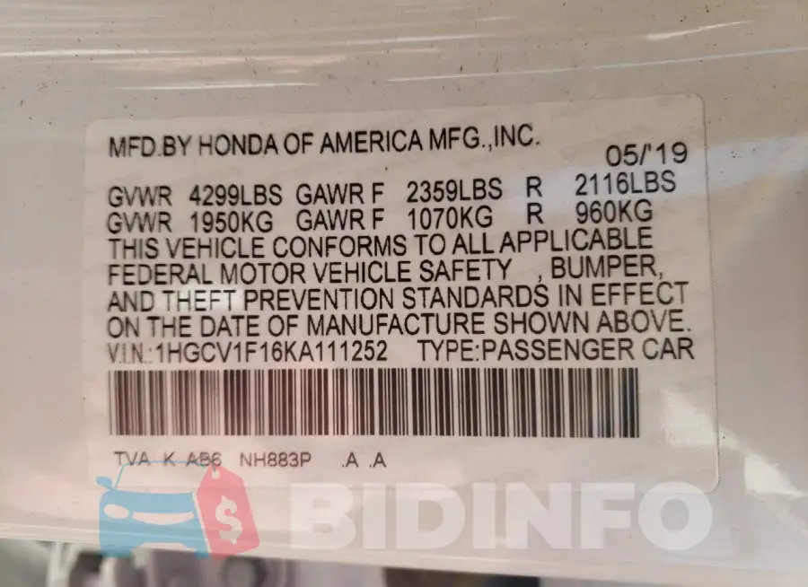 1HGCV1F16KA111252 Photo# 12