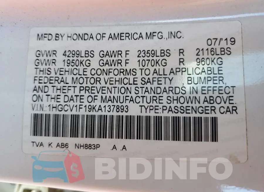 1HGCV1F19KA137893 Photo# 13