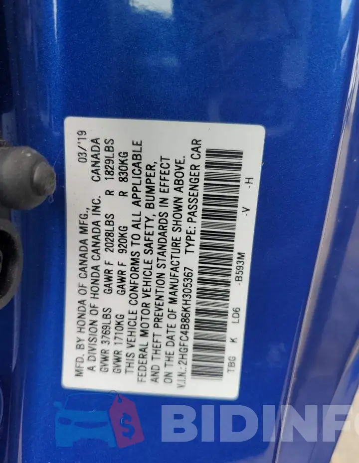 2HGFC4B86KH305367 Photo# 12