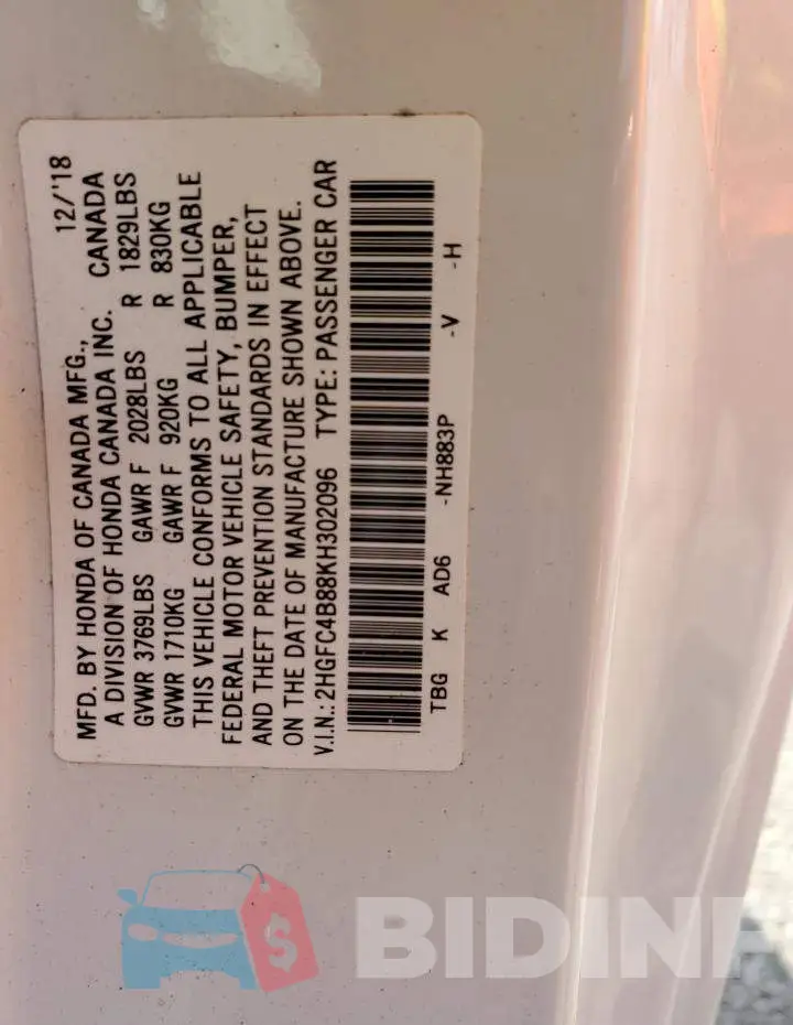 2HGFC4B88KH302096 Photo# 12
