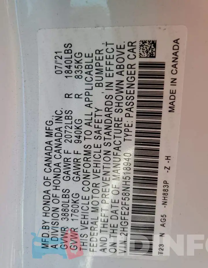2HGFE2F58NH518940 Photo# 12