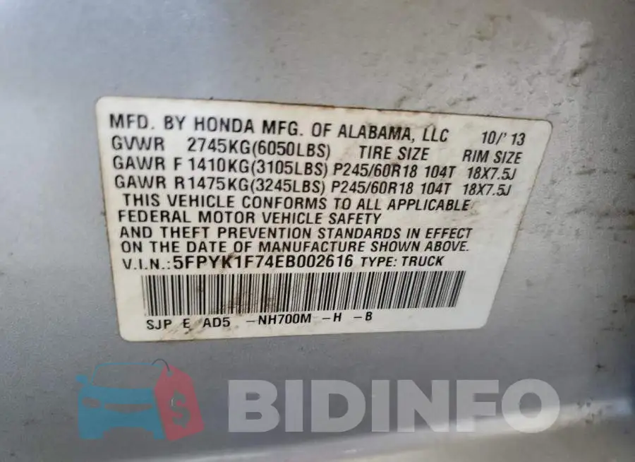 5FPYK1F74EB002616 Photo# 12