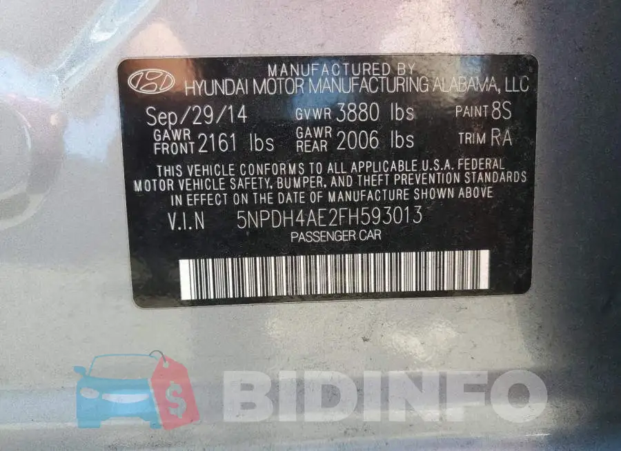 5NPDH4AE2FH593013 Photo# 12