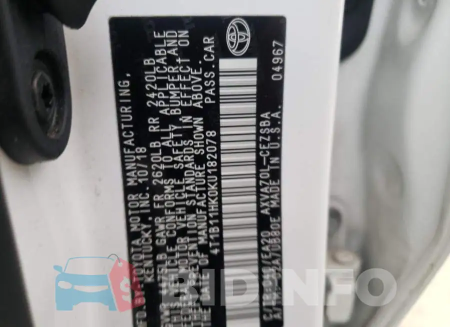 4T1B11HK0KU182078 Photo# 12