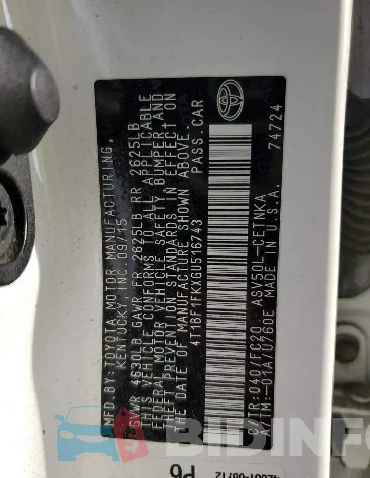 4T1BF1FKXGU516743 Photo# 12