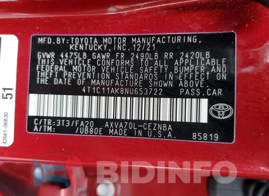 4T1C11AK8NU653722 Photo# 12