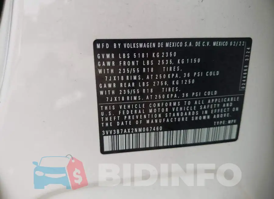 3VV3B7AX2NM067460 Photo# 13