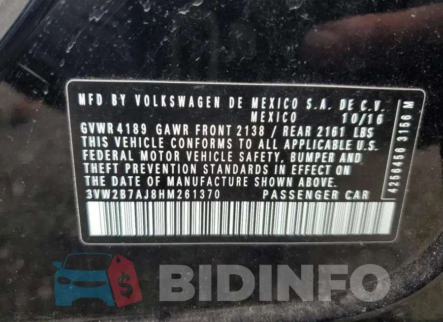 3VW2B7AJ8HM261370 Photo# 12