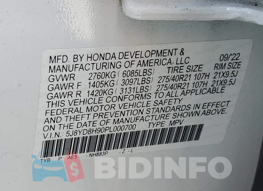 5J8YD8H90PL000700 Photo# 13
