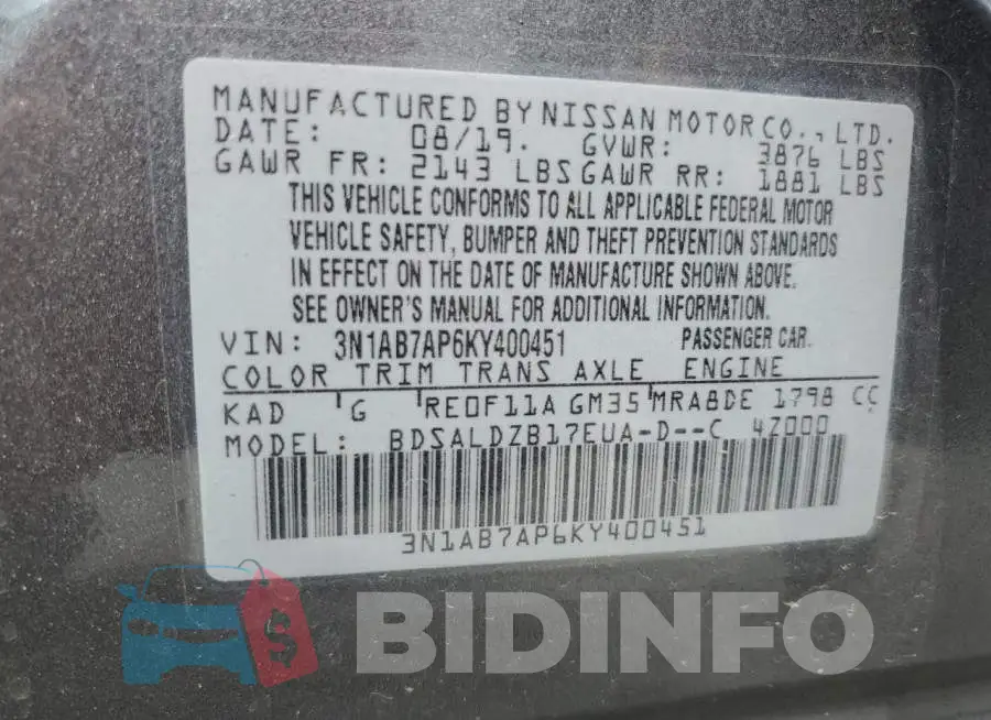 3N1AB7AP6KY400451 Photo# 12