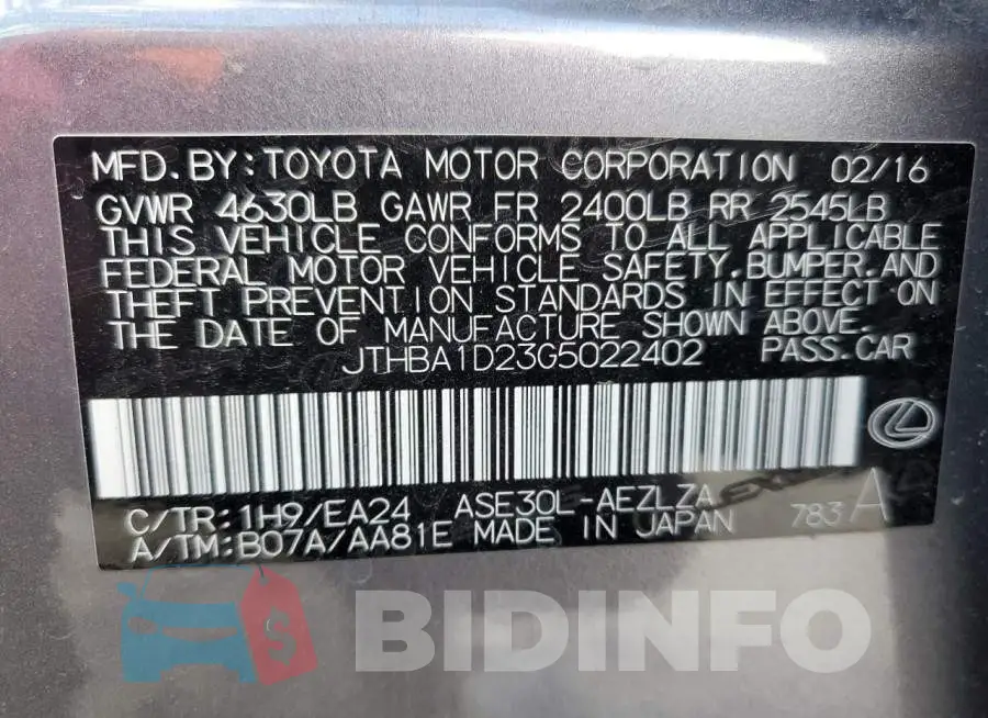 JTHBA1D23G5022402 Photo# 13