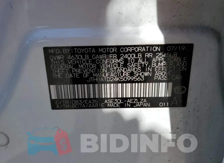 JTHBA1D24K5099563 Photo# 13