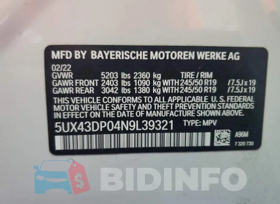 5UX43DP04N9L39321 Photo# 13