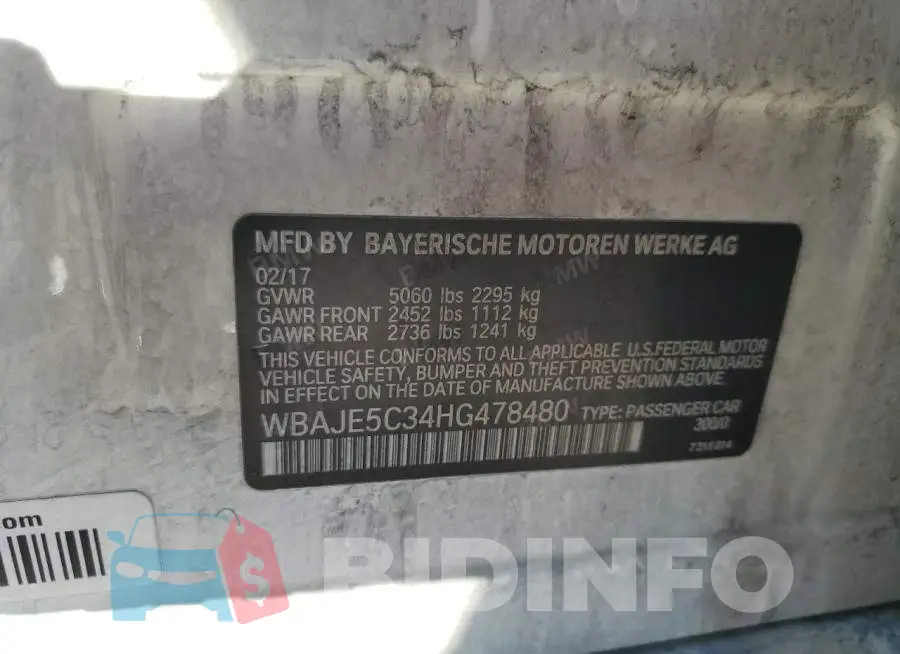 WBAJE5C34HG478480 Photo# 12