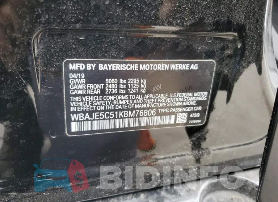 WBAJE5C51KBM76806 Photo# 12
