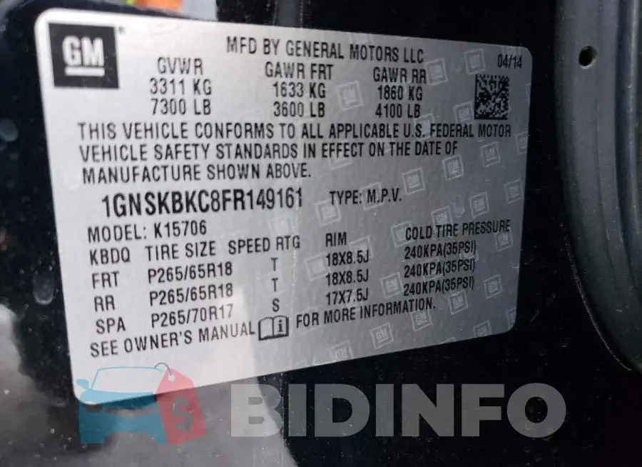 1GNSKBKC8FR149161 Photo# 13