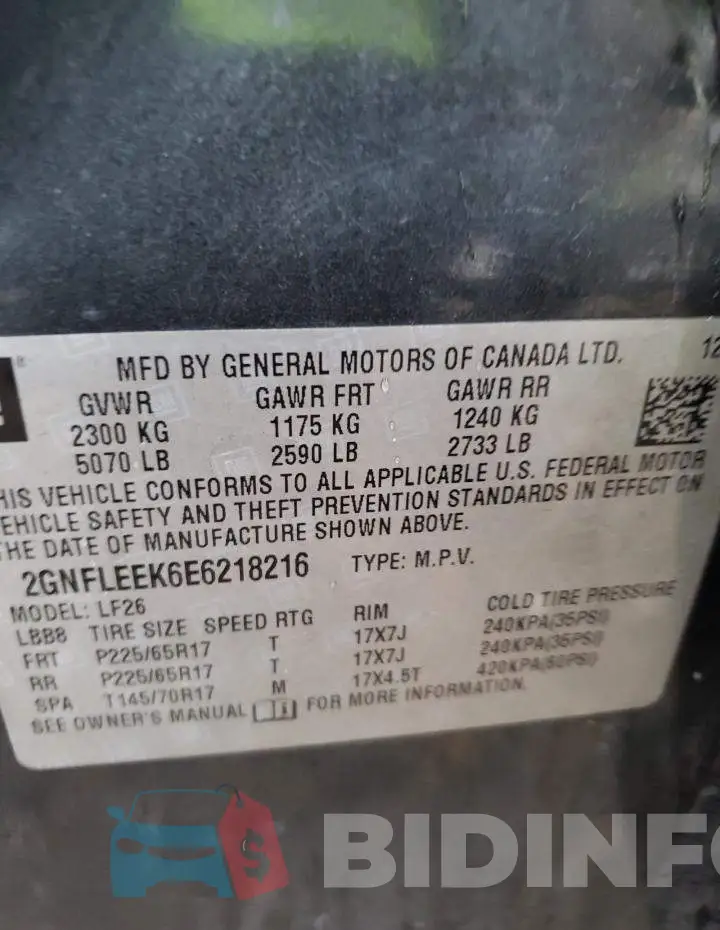 2GNFLEEK6E6218216 Photo# 12