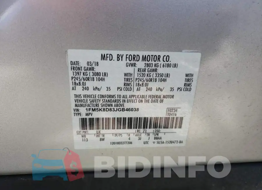 1FM5K8D83JGB46038 Photo# 14