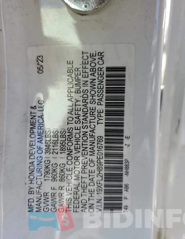 19XFL2H89PE016769 Photo# 13