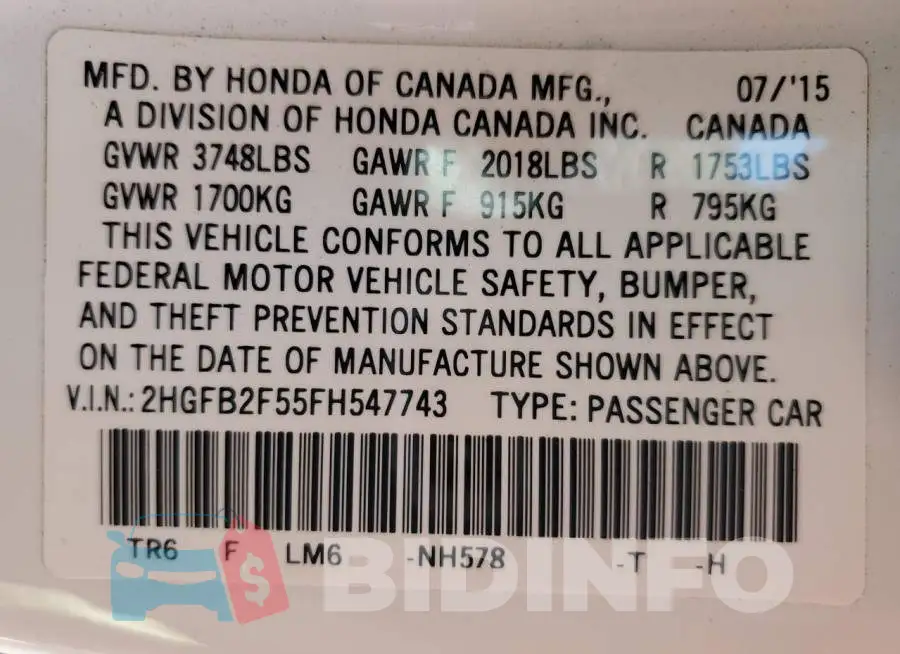 2HGFB2F55FH547743 Photo# 12