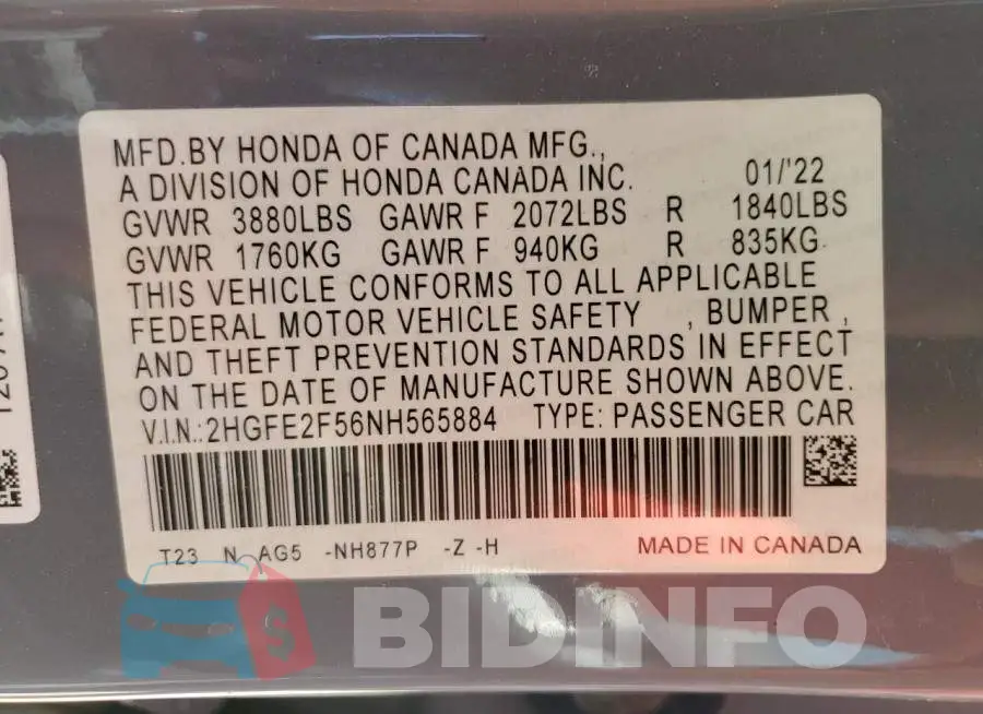 2HGFE2F56NH565884 Photo# 12