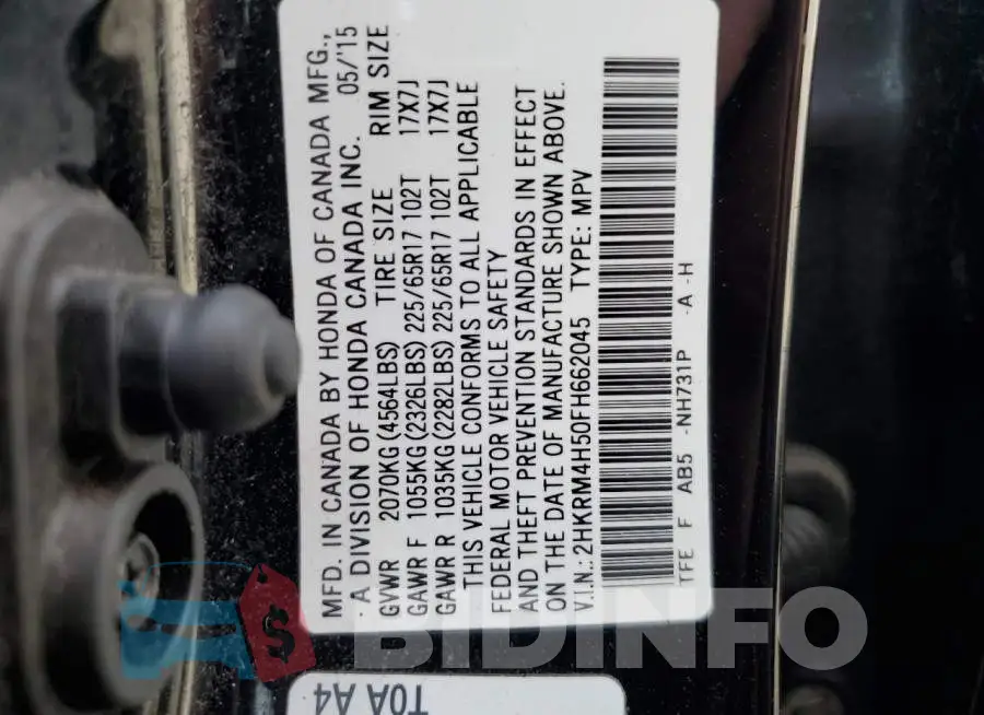 2HKRM4H50FH662045 Photo# 14