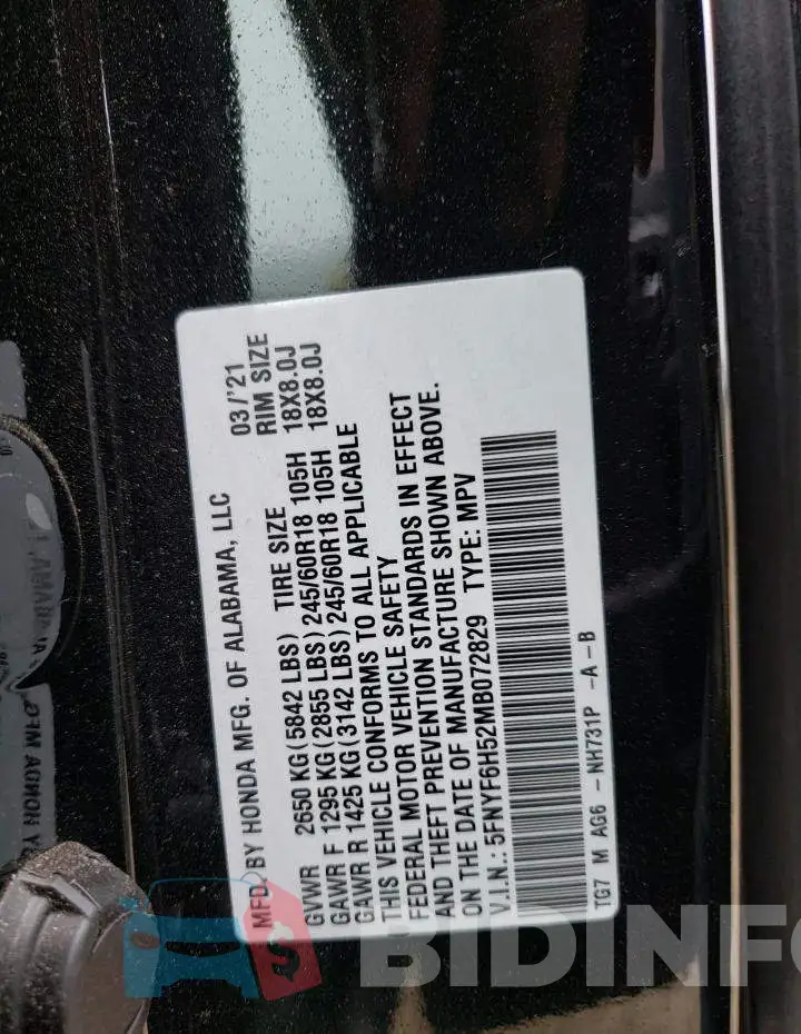 5FNYF6H52MB072829 Photo# 13