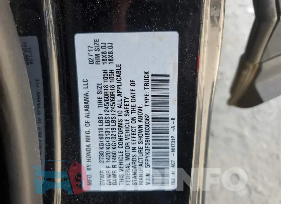 5FPYK3F59HB030362 Photo# 13